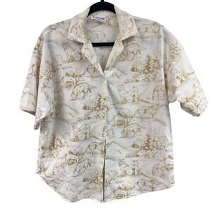 Vintage women's XL Caribou short sleeve button down shirt wolf print white tan